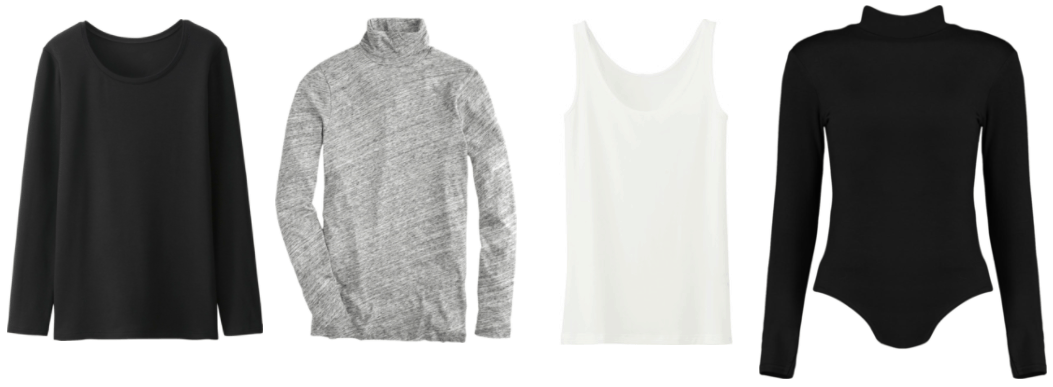 "How Do I Dress Fashionably Without Sacrificing My Beliefs?" layering extras featuring black long-sleeved t-shirt, gray long-sleeved turtleneck, white tank top, black long-sleeved high-neck bodysuit