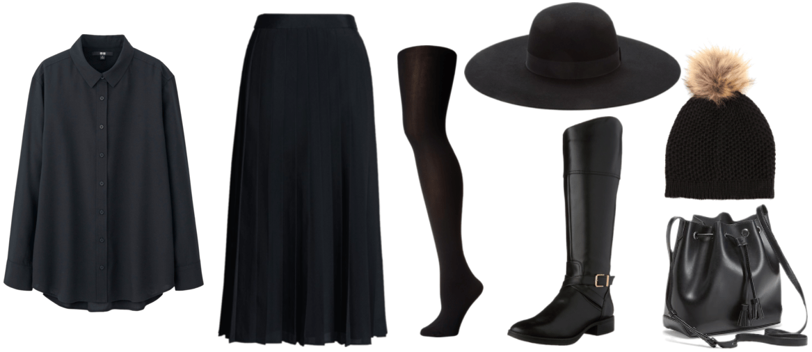 "How Do I Dress Fashionably Without Sacrificing My Beliefs?" outfit #1 featuring black blouse, black pleated midi skirt, black tights, black wide-brim hat, black knee-high boots, black knitted beanie with pom-pom, and black bucket bag