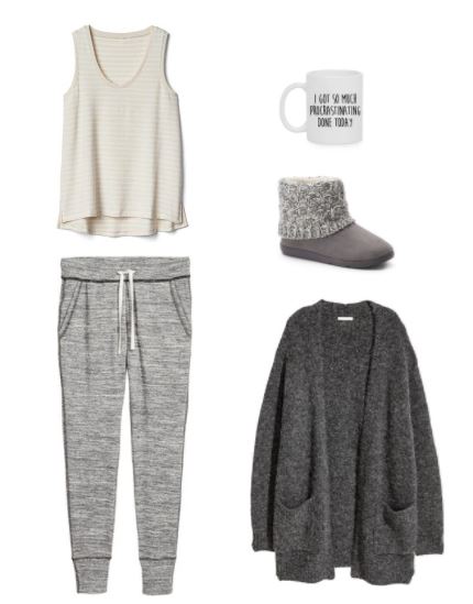 Fall weekend outfit for a night in: Cozy sweats, tank top, gray oversized cardigan, mug that reads 'I got so much procrastinating done today', gray fuzzy boots