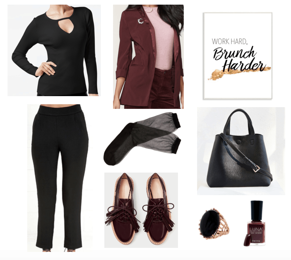 Outfit for the workplace with black cutout sweater and maroon/gold accents.