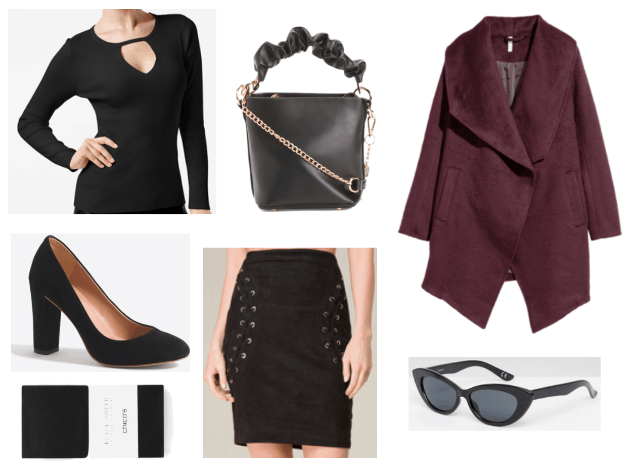 New Year's Eve outfit including black cutout sweater and burgundy coat.