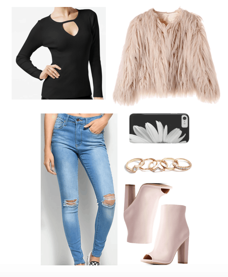 Dressy-casual look for a night out including Fab Find black cutout sweater from Macy's.