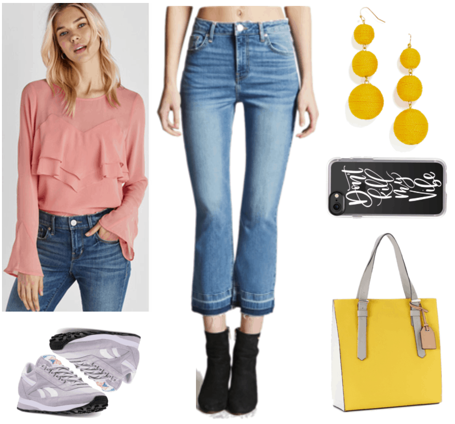 Fashion Inspired by Music Videos: "Don't Kill My Vibe," by Sigrid--Outfit #2 featuring coral pink ruffled long-sleeved blouse, lavender Reebok sneakers, released-hem cropped flare jeans in medium wash, yellow triple-ball drop earrings, clear iPhone 7 case with "Don't kill my Vibe" written in white script, yellow, gray, and white colorblock tote with pinkish-beige tag