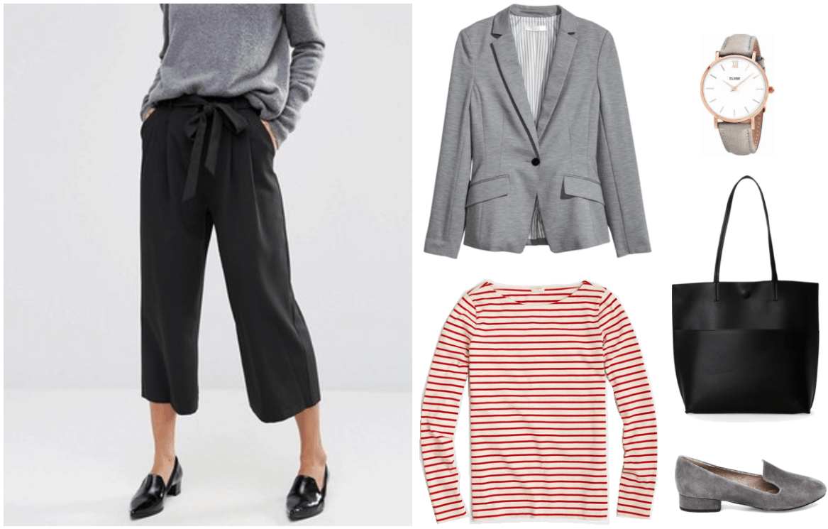 "How Do I Get Out of a Workplace Fashion Rut?" outfit #2 featuring black tie-waist culottes, gray blazer, red-and-white striped long-sleeved t-shirt, gray and rose gold watch, black tote, and gray loafers