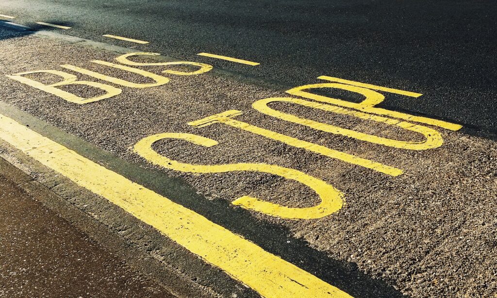 The words, "bus stop" painted on a street.