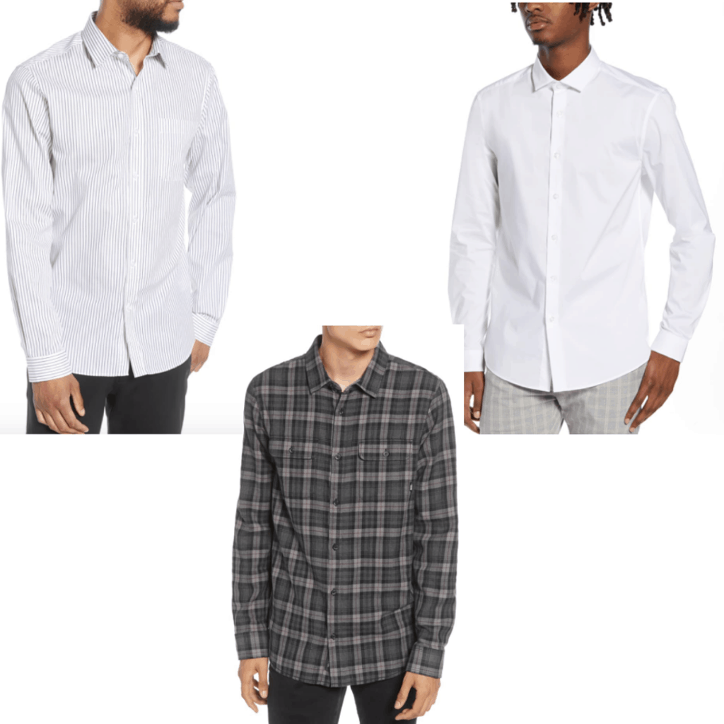 Mens button down in clean white, and plaid and striped. 