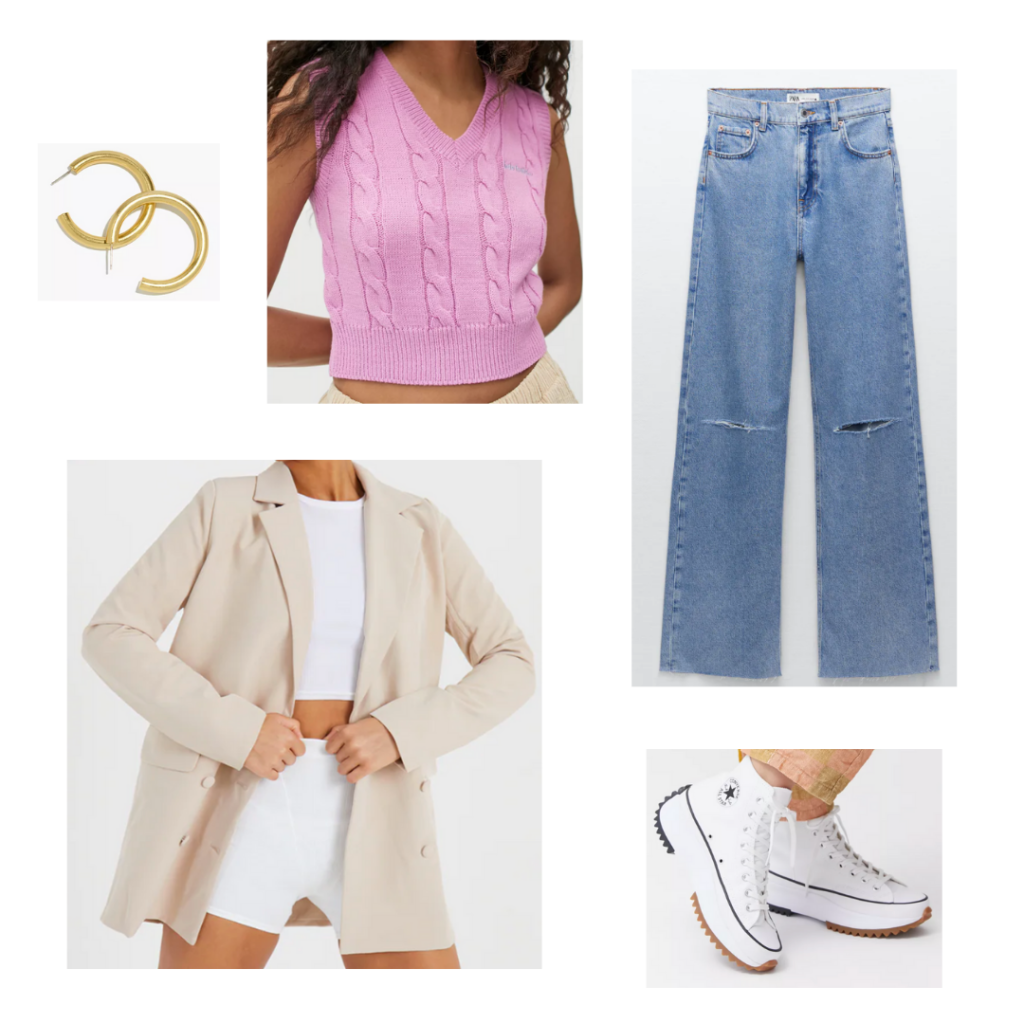 Sweater vest outfit with pink sweater vest, wide leg jeans, oversized beige blazer, chunky platform Converse, hoop earrings