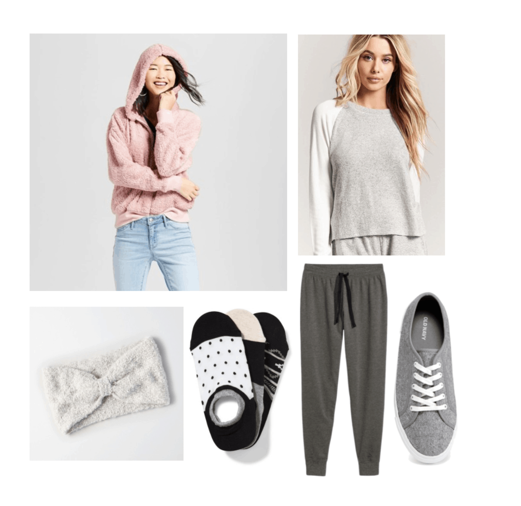Outfits Under $100 - Finals Week Fashion: Sherpa hoodie, heathered raglan top, gray sweatpants, no-show socks, sneakers, and knit headband ($92.88)